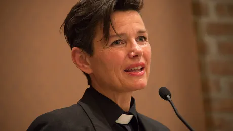 Rev. Siv Limstrand, Open Church of Trondheim City Mission, speaks at the LWF Europe panel during the church leadership gathering in Trondheim, Norway. Photo: LWF/Ryan Rodrick Beiler