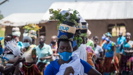 2 April 2022, Palorinya settlement, Obongi district, Uganda: A group of South Sudanese refugee women from the Kuku ethnic group dance and sing as they gather at the 'God's Grace' women's self-help group in the Palorinya refugee settlement. The refugees and host communities in the area receive support from the Lutheran World Federation World Service program in Uganda. All photos: LWF/Albin HillertÂ 