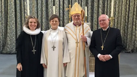 Shaping the LWF communion: (from left) LWF Vice-President Astrid Kleist, LCiGB Dean-elect Rev. Eliza Zikmane, Rev. Dr Martin Lind, current Bishop of the LCiGB, and Oberkirchenrat Norbert Denecke, General Secretary of the LWF German National Committee. Photo: Astrid Kleist