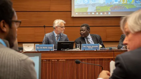 LWF General Secretary Rev. Dr Martin Junge and the Minister of Justice and Constitutional Affairs Paulino Wanawilla Onango (right) during the LWF-hosted UN side event on human rights in South Sudan. Photo: LWF/A. Danielsson