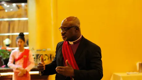 LWF President Archbishop Dr Panti Filibus Musa greeting during the Ecumenical lunch with representatives of the four member churches in Myanmar and World Service country program staff. 30 January 2018. Photo: LWF Myanmar