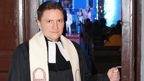 Pastor Vladimir Tatarnikov at the door of St. Johnâs Lutheran Church in Grodno, Belarus. Photo: Oleg Shreders