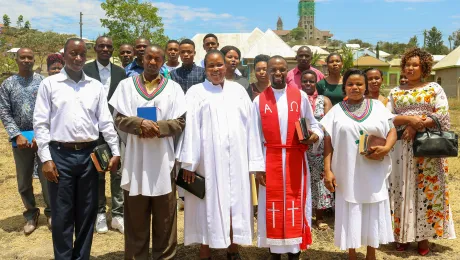 Rev. Frank Mexon Mngâongâo (wearing red stole), ELCTâs new Youth Coordinator, in a photo from early 2020. Mngâongâo was ordained in Jan. 2020. Photo: ELCT