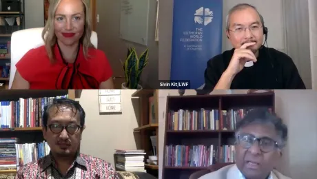 Panelists discussing global responses to religious nationalism: clockwise from top left, ELCA pastor Rev. Angela Denker, LWF moderator Rev. Dr Sivin Kit, Dr Sathianathan Clarke of Wesley Theological Seminary and Dr Dicky Sofjan of the ICRS. Photo: Screenshot from the webinar