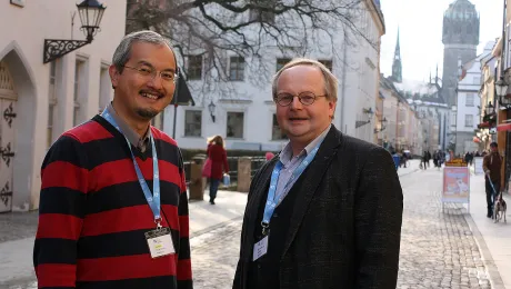 Prof. Dr Karl-Wilhelm Niebuhr, on the right and Rev. Dr Sivin Kit, at his left, lecturest at the 17th International Theological Seminar, taking place in Wittenberg, Germany. Photo: LWF