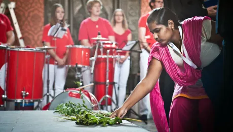 During opening worship in the Castle Church, young reformers were invited to bring to the altar symbolic gifts from their respective regions. Photo: LWF/Marko Schoeneberg