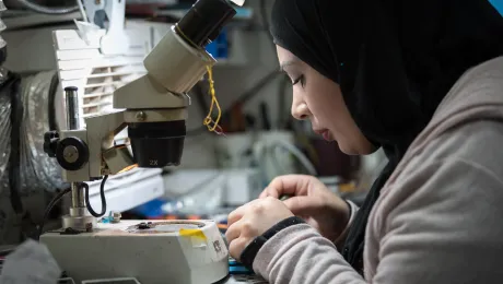 29-year-old Jihad Albaba, from the Am'ari Camp, repairs the wifi functionality of a mobile phone in a small shop in Ramallah, after graduating from studies in Telecommunication at the LWF vocational training center in Ramallah. The GRIT project aims to increase the number of Palestinian women in technical and other non-traditional professions, which often offer better paid jobs. Photo: LWF/Albin Hillert