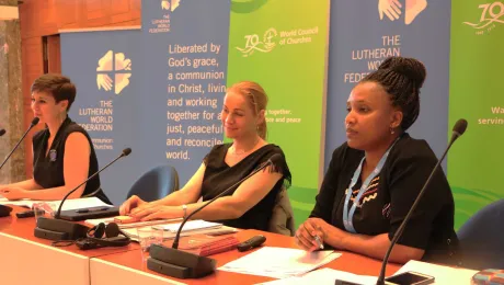 Jillian Aballe (World Council of Churches), Christine LÃ¶w (UN Women Geneva liaison office) and Christine Mangale (Lutheran Office for World Community) sit on a panel during the women's human rights advocacy training for faith-based organizations, held in Geneva. Photo: LWF/George Arende