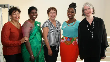 Sisters in faith: (from left) Rev. Sybil Chetty (South Africa), Dr Christy Ponni (India), retired Bishop Dr Margot KÃ¤Ãmann (Germany), Dr Ziyanda Mgugudo-Sello (South Africa) and Moderator Gabriele De Bona (ELM) . Photo: LWF/A. WeyermÃ¼ller