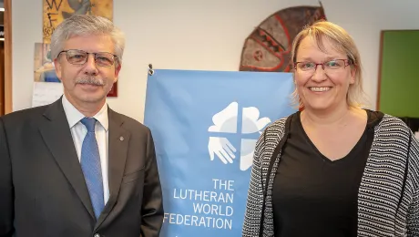 Caritas Secretary General Michel Roy and World Service Director Maria Immonen at LWFâs Geneva headquarters. Photo: S.Gallay/LWF