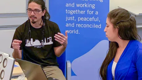 At the 2019 Peace Messengers international training workshop in Tallinn, Estonia, Juan Carlos Orantes RodrÃ­guez (left) and Oneyda Elizabeth Fuentes Rivera, sharing about the churchâs role in peacebuilding in El Salvador. Photo: LWF/S. Kit