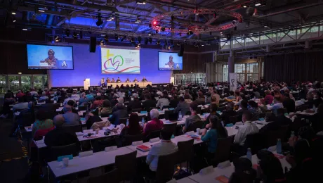 WCC central committee moderator Dr Agnes Abuom speaks at the opening plenary of the 11th Assembly of the World Council of Churches, held in Karlsruhe, Germany from 31 August to 8 September, under the theme "Christ's Love Moves the World to Reconciliation and Unity." Photo: Albin HILLERT, WCC