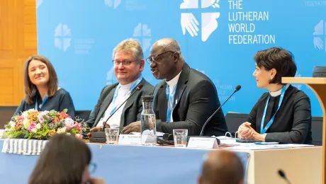 Looking forward to the Thirteenth Assembly: (from left) Anna Wrzesińska, Chairperson of the Local Assembly Planning Committee, Jerzy Samiec, Presiding Bishop of the Evangelical Church of the Augsburg Confession in Poland, LWF President Panti Filibus Musa and LWF General Secretary Anne Burghardt. Photo: LWF/S. Gallay