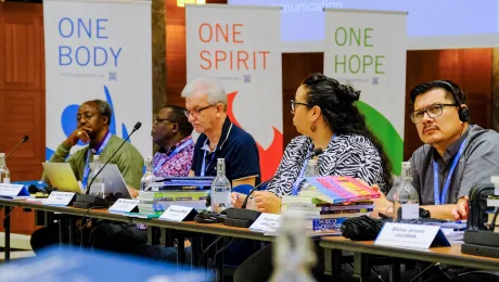 Participants in this year’s RoNEL included 16 LWF member church leaders from 13 countries. Seen here, from right: Pastor President Rev. Julio Caballero; (Honduras); Bishop Leila Ortiz (USA); Rev. Dr Nestor Paulo Friedrich (LWF Vice-President, LAC); Rev. Dr Sameul Dawai (Regional Secretary, Africa) and Bishop Johnes Meliyio (Kenya). Photo: LWF/A. Danielsson