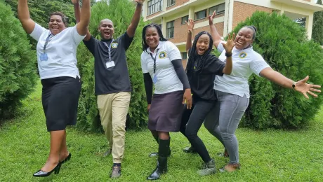 Participants at the May 2022 LWF gender justice and leadership training in Tanzania: from left; Rev. Patricia Jabedu, Rev. Mbongeni P. Dube, Rev. Blessing Maversere, doctoral student Lindiwe Princess Maseko and nurse Thelma Theodolah Mpinda. Photo: LWF/M. Blasi