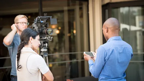 Participants prepare a video interview during the lead-up to the Twelfth Assembly of the Lutheran World Federation. Photo: LWF/Albin Hillert