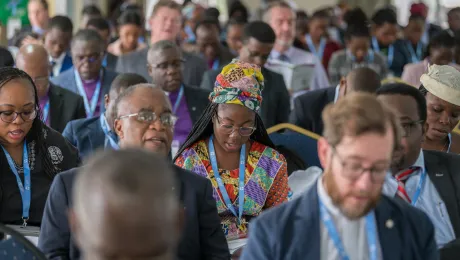 9 May 2023, Nairobi, Kenya: Cynthia Mimagu Harases of the Evangelical Lutheran Church in the Republic of Namibia and other congregants sing as opening worship is celebrated. Lutherans from across the continent of Africa are gathered in Nairobi for a regional Africa Pre-Assembly ahead of the Lutheran World Federation’s 13th Assembly, to be held in Krakow, Poland in September 2023. All photos: LWF/Albin Hillert