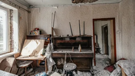 A living room in the Saltivka quarter, Kharkiv. The apartment blocks continue to be targeted by missiles. Photo: LWF/ Anantoliy Nazarenko