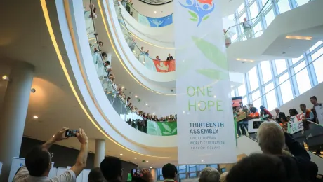 Youth lead a climate march through the venue during the Lutheran World Federation (LWF) Thirteenth Assembly, held in Krakow, Poland on 13-19 September 2023 under the theme of ’One Body, One Spirit, One Hope’. Photo: LWF/Johanan Celine Valeriano