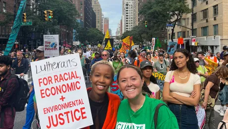 ELCA/LWF Fellow Naomi Mbise and ELCA Program Director for Environment and Energy Policy Christine Moffett attend a NYC Climate March in 2023. Photo: Lindsey Pajot