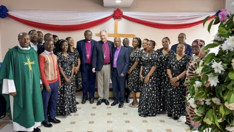 LWF President Henrik Stubkjær and his delegation join ELCT leaders and head office staff for morning worship as their visit begins. Photo: LWF/A. Danielsson