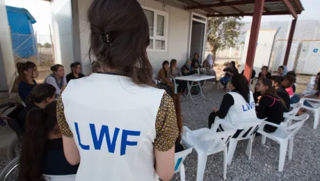 A Women's Awareness session taking place at the Women Friendly Space (WFS) in Daudiya camp for Internally Displaced Persons (IDPs), Amedy District, Duhok Governorate, Kurdistan, Iraq. Photo: LWF/Elma Okic