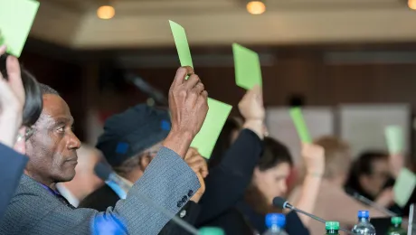 Council members raise green cards voting in favor of a statement during the LWF Council meeting. Photo: LWF/Albin Hillert