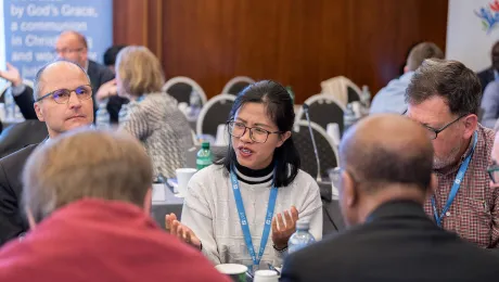 LWF Council members in a discussion, during the June 2024 meeting at Chavannes-de-Bogis near Geneva, Switzerland. Photo: LWF/Albin Hillert