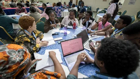 Regional gatherings provide spaces to share experiences about leadership between the different generations. In this photo, youth and women in a group discussion at the May 2023 Africa Pre-Assembly in Nairobi, Kenya. Photo: LWF/Albin Hillert