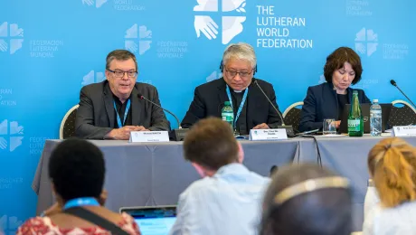 Prof. Dr Dirk Lange presents news of the two new ecumenical commissions to the LWF Council for approval. Photo: LWF/A. Hillert