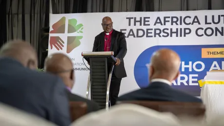 The Archbishop of the Lutheran Church of Christ in Nigeria, Musa Panti Filibus, giving a sermon during the opening worship of the 2024 Africa Lutheran Church Leadership Consultation held in Abuja, Nigeria, under the theme ‘We, who are many, are one body.’ Photo: LWF/Albin Hillert