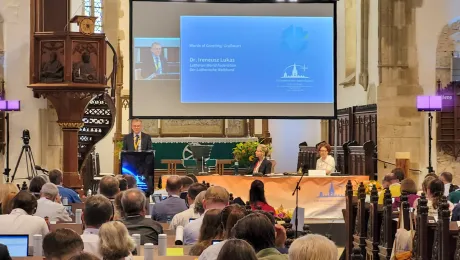 LWF Regional Secretary Rev. Dr. Ireneusz Lukas delivers a greeting at the CPCE assembly in Sibiu. Photo: Elfriede Dörr