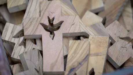 Handmade wooden crosses pictured in a workshop in the Bethlehem old city. Photo: Albin Hillert/WCC