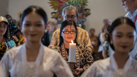 A procession enters as participants in the ACT Alliance general assembly celebrate opening worship in the Javanese Christian Church (Gereja Kristen Jawa) Gondokusuman. The assembly gathers in Yogyakarta, Indonesia, under the theme of “Hope in Action: Together for Justice” from 28 October to 1 November 2024. Photo: ACT/ Albin Hillert