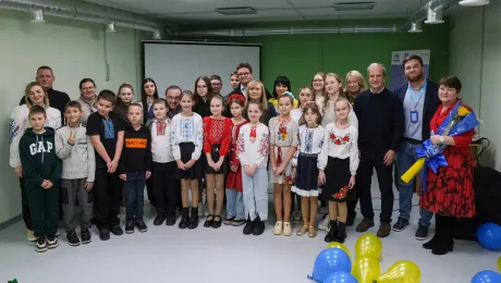 Students and teachers at the opening of the Pishanka school in Kharkiv. Photo: LWF/ L. Gillabert