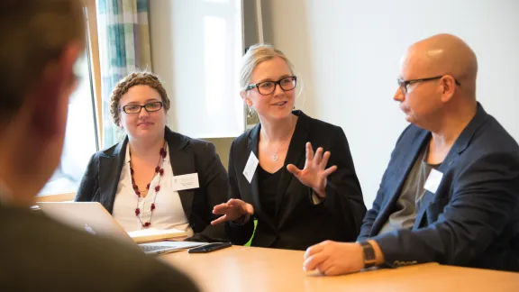 Patricia Sophie BÃ¶ckmann, from the Union of Protestant Churches of Alsace and Lorraine and Karin Rubenson, from the Church of Sweden, lead discussion on inter-generational dialogue on climate justice at a LWF meeting in Norway, May 2015. The upcoming mission meeting will encourage holistic mission among churches.