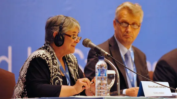 Rev. Dr. Gloria Rojas Vargas presenting the Assembly Planning Committee report. Photo: LWF/M. Renaux