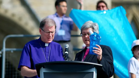 Archbishop Hiltz and National Bishop Johnson (right) at Parliament Hill, Ottawa. Â© Joint Assembly Co