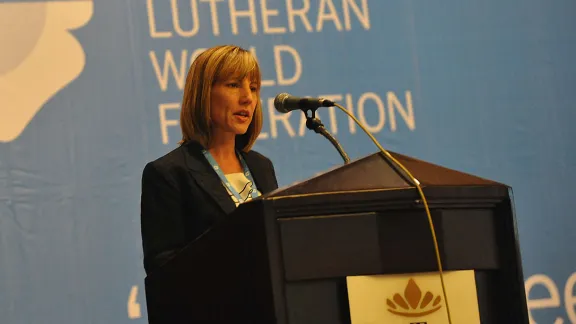 Ms Christina Jackson-Skelton, Chairperson of the Finance Committee, presents her report to Council 2014 meeting in Medan, Indonesia, 11-17 June. Photo: LWF/M. Renaux