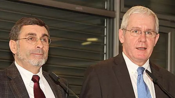 Rev. Laurent Schlumberger (right), president of the United Protestant Church of France, and Rev. JoÃ«l Dautheville (left), who until the merger with the Reformed, led the Evangelical Lutheran Church of France. Â© EPUDF-DC