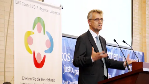 LWF General Secretary Rev. Martin Junge presents his report to the Council 2012 in BogotÃ¡, Colombia. Â© LWF/Milton Blanco