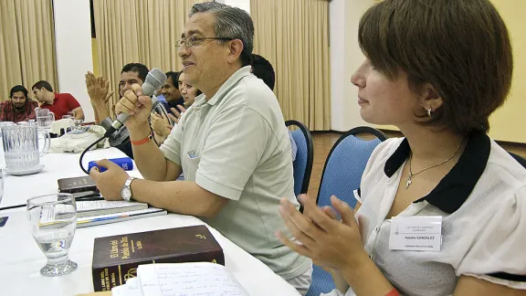 Bishop Eduardo MartÃ­nez of The Evangelical Lutheran Church of Colombia speaks at the LAC Leadership Conference in Managua, Nicaragua, 15â19 April. Â© LWF/Chelsea Macek