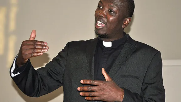 Rev. Dr Mogomme Masoga (South Africa) urges the churchâs active involvement in the global fight against human trafficking. Â© LWF/Stanley Kwenda