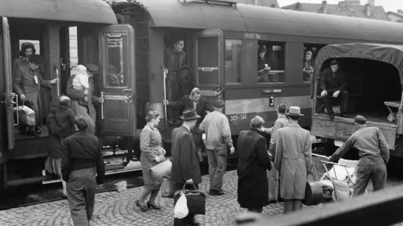 LWF work began at the end of World War II with service to displaced persons such as these in Germany arriving at an embarkment center from area resettlement camps. Â© Archives of the Evangelical Lutheran Church in America