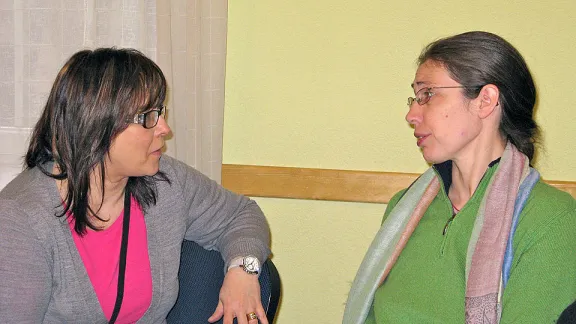 Ms Marjut Lukkarinen from Finland (left) and Rev. Daniela Schwimbersky from Austria, in a discussion at the diakonia workshop in Odessa. Â© LWF/Anli Serfontein