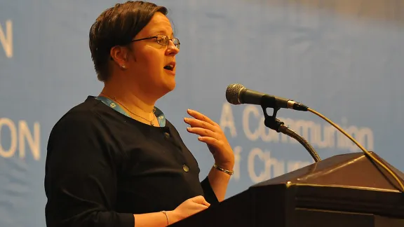 Dr Minna Hietamaki presents the First Report of the Working Group on the Self-Understanding of the Lutheran Communion to Council 2014. Photo: LWF/M. Renaux