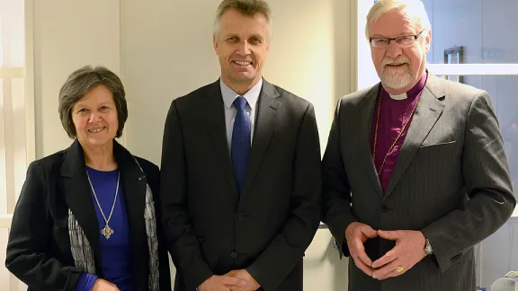 Left to right: Church of Norway Presiding Bishop Helga Haugland Byfuglien, LWF General Secretary Rev. Martin Junge and Oslo Diocese Bishop Ole Christian M. Kvarme. Â© Church of Norway