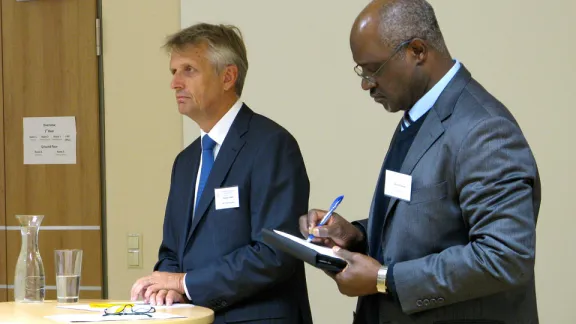 (left to right) Rev Martin Junge, LWF General Secretary, and Rev. Dr Musa P. Filibus, LWF Department for Mission and Development Director, at the Lutheran Theological Education for Communion Building consultation in Wittenberg Â© LWF/Anli Serfontein