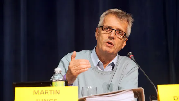 Rev. Martin Junge, General Secretary of the Lutheran World Federation, speaks to a plenary session of the second ACT Alliance assembly meeting in the Dominican Republic. Photo: Sean Hawkey