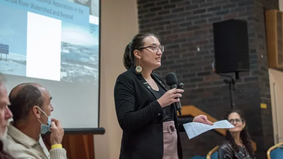 LWF delegate to the UN Climate Conference COP26, Katarina Kuhnert from the Evangelical Lutheran Church in Canada, speaks on “Energy Transition – Deciding our Future”. Photo: LWF/Albin Hillert